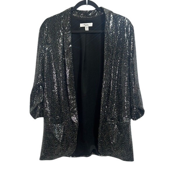 C By One Jackets & Blazers - C by One Women's Black and Silver Sequin Blazer Medium, Metallic - Open Front